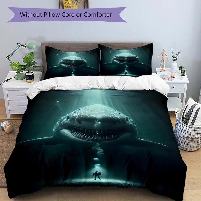 

3pcs Giant Shark Duvet Cover Set with One Quilt Cover and Two Pillowcases (No Core) - Anime Cartoon Design, Perfect for Bedroom and Guest Room Decorat 135x200cm