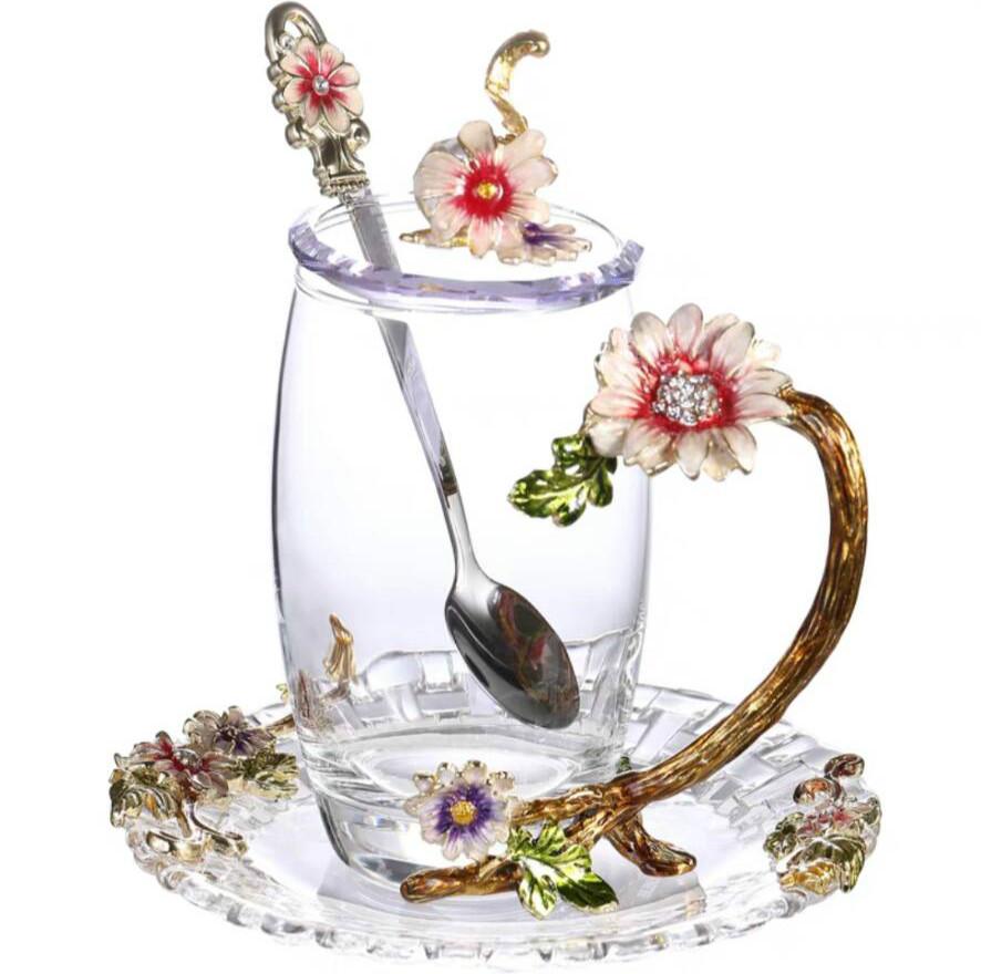 Emaljmugg Te Hög temperaturbeständighet kristall Blomte set frukostmugg Dryckesvaror eftermiddag Tekopp vacker gåva