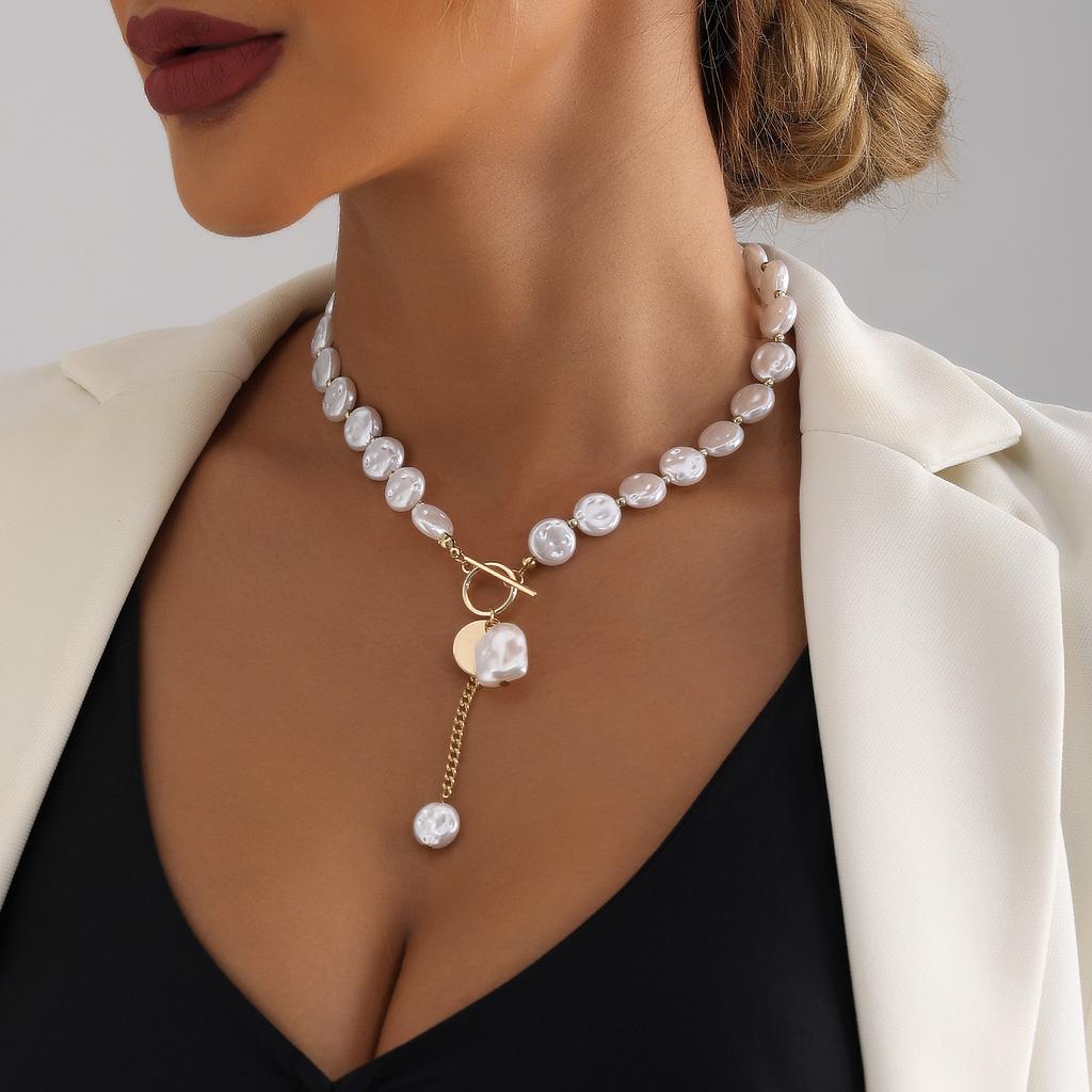 Simple Single-layer Baroque Imitation Flat Pearl Neck Chain Necklace, Cold Wind Fringed Sweater Chain