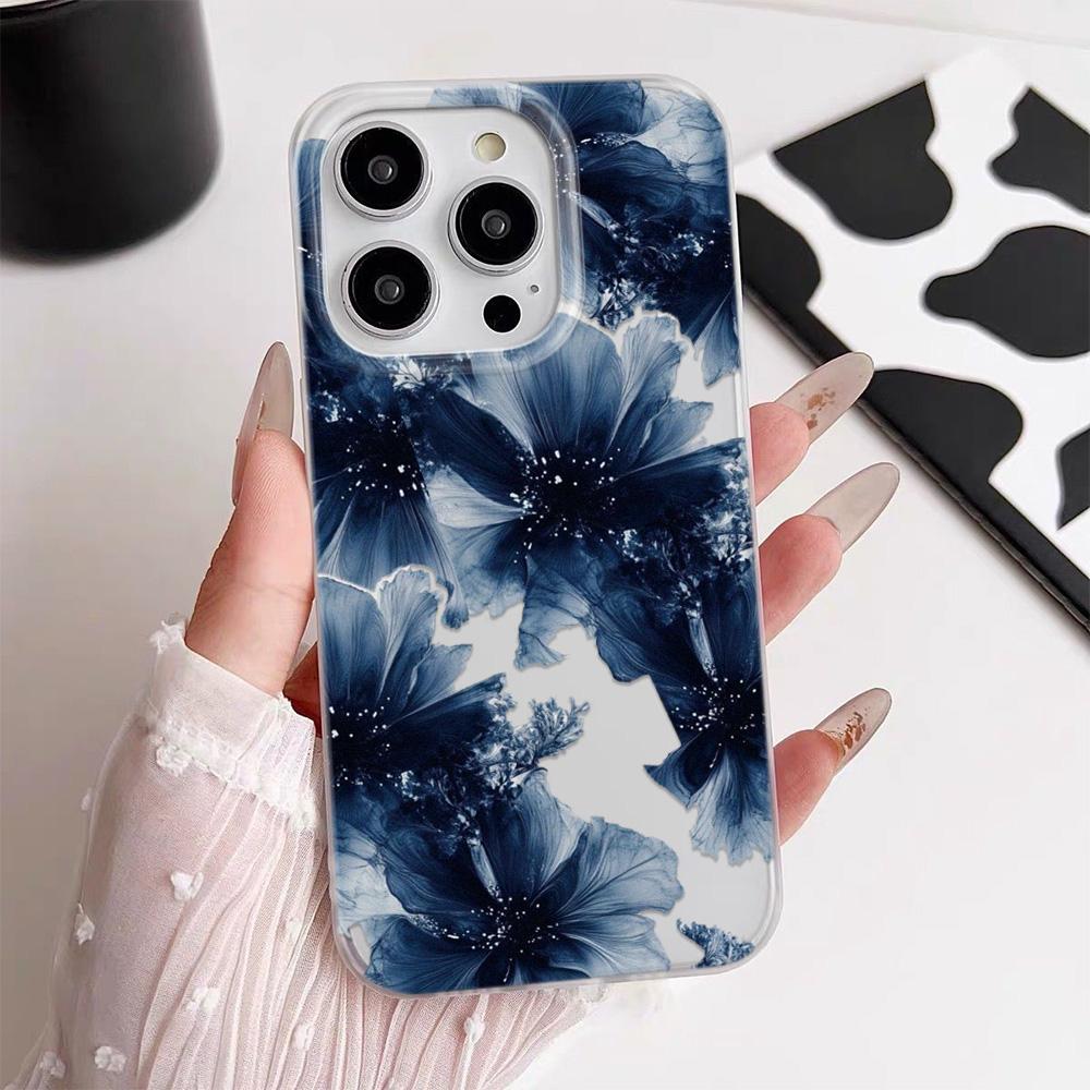 Silicone Blue Flower Phone Case For iPhone 17 Pro Max 16 13 11 15 14 12 17Air 16ProMax 17promax Transparent Soft Funda Cover