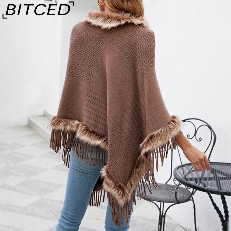 BITCED Knitted Fringe Cape for Women - Autumn/Winter Solid Colour Oversized Pullover Shawl Coat