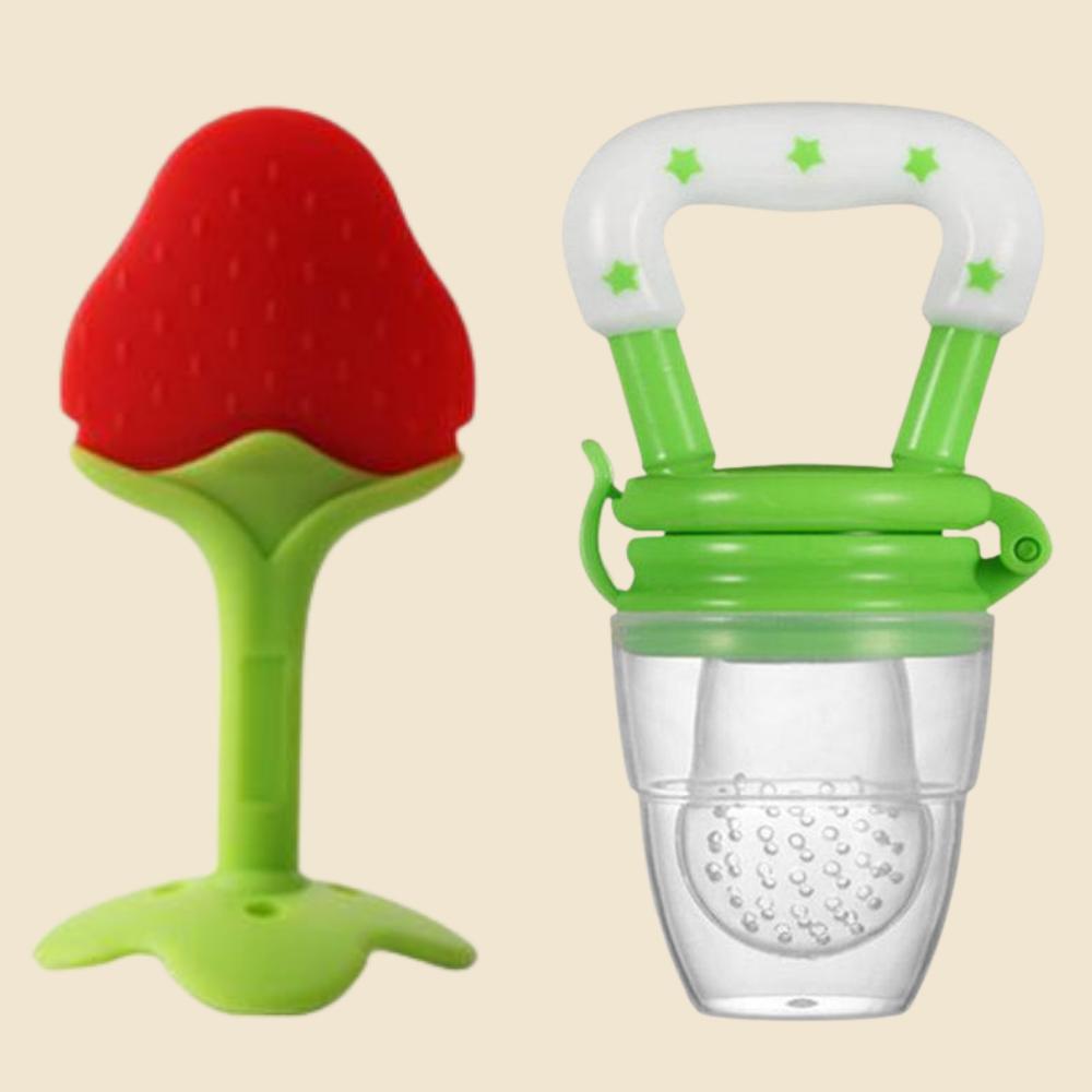 Baby Fruit Feeder & Teether Combo – Soft Silicone Feeding Nibbler and Teething Toy Set