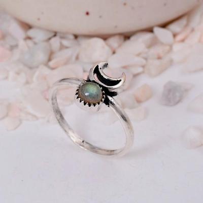 Adjustable Labradorite Crescent Moon Ring | Silver Plated Brass Celestial Jewelry | Mystical Boho Gift