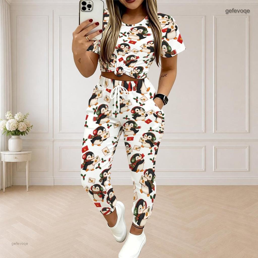 Women Plus Size Round Neck Short Sleeve Printed Crop Top Drawstring Pants Two Piece Set With Pockets