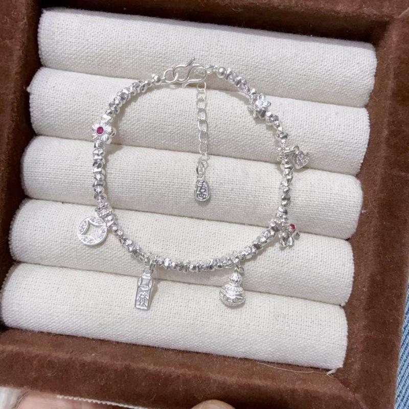 Elephant Heart 999 Sterling Silver Bracelet with Fortune Gourd Charm - Chinese Style Gift for Girlfriend Handmade Beaded Bracelet