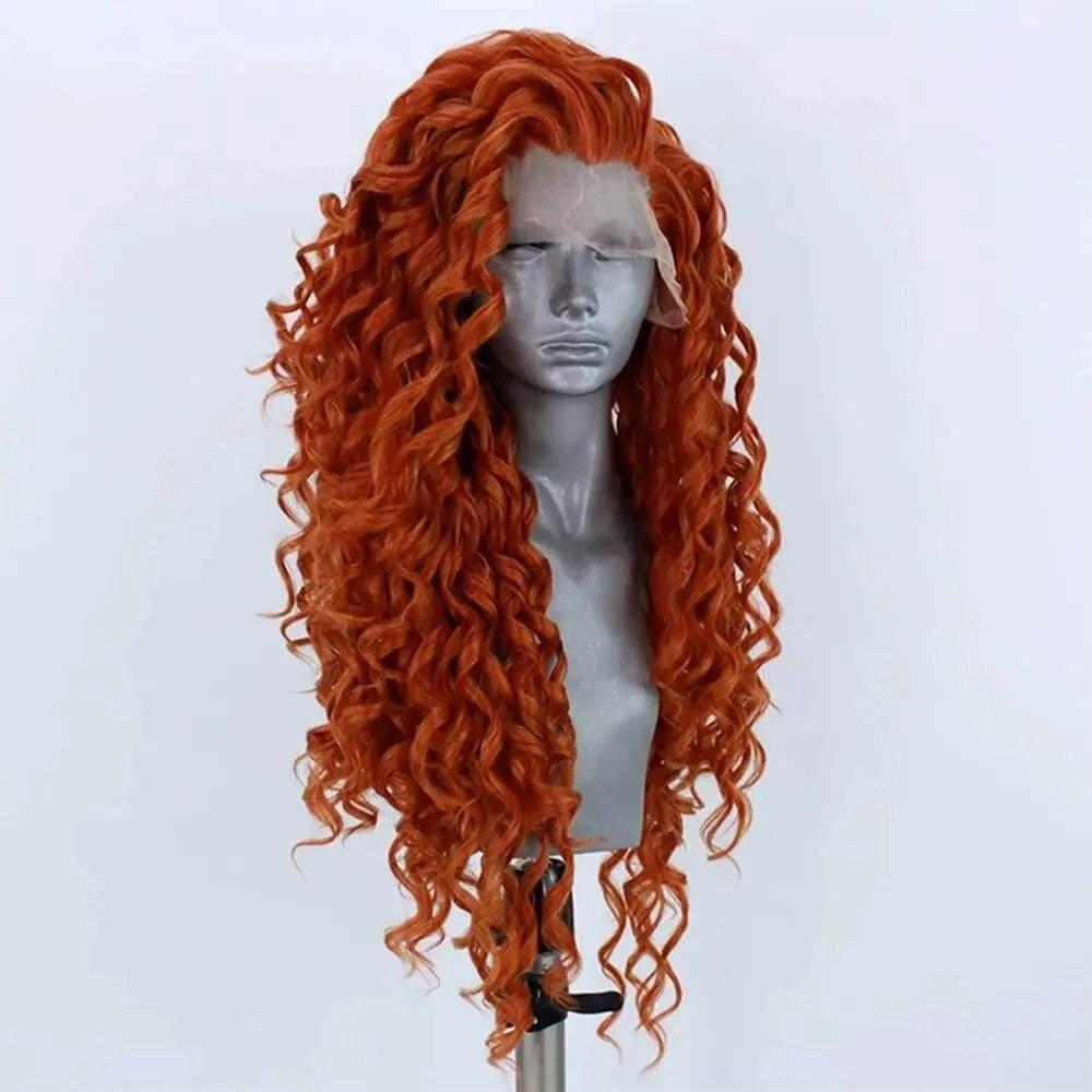 Orange Long Curly Lace Wig Cosplay Wig Halloween Synthetic Long Hair Role Play Wig for Women Girls Lace Front Wig