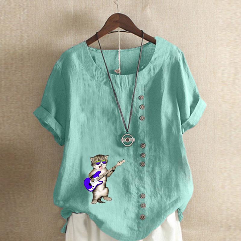 Women's Fashion Talking About His Cat Prined Short Sleeve T-shirt Loose Cotton Shirt Casual Loose Summer Blouse Plus Size Tops