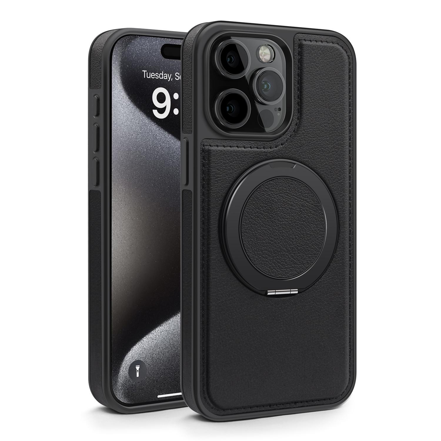 

For iPhone 15 Pro Case with Ring Kickstand Compatible with MagSafe PU Leather Back Cover Black