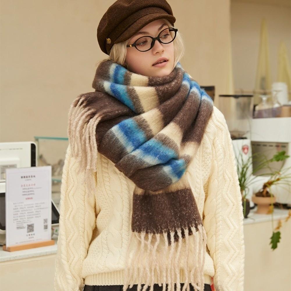 Tassel Stripe Wool Scarf Plush Long Shawl Simple Winter Cashmere Scarves  Autumn Winter