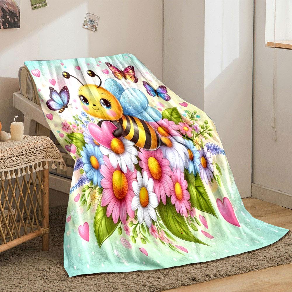 Cute Bee and Butterflies on Flowers print blanket soft and cozy perfect for the living room bed sofa or a nap,gift