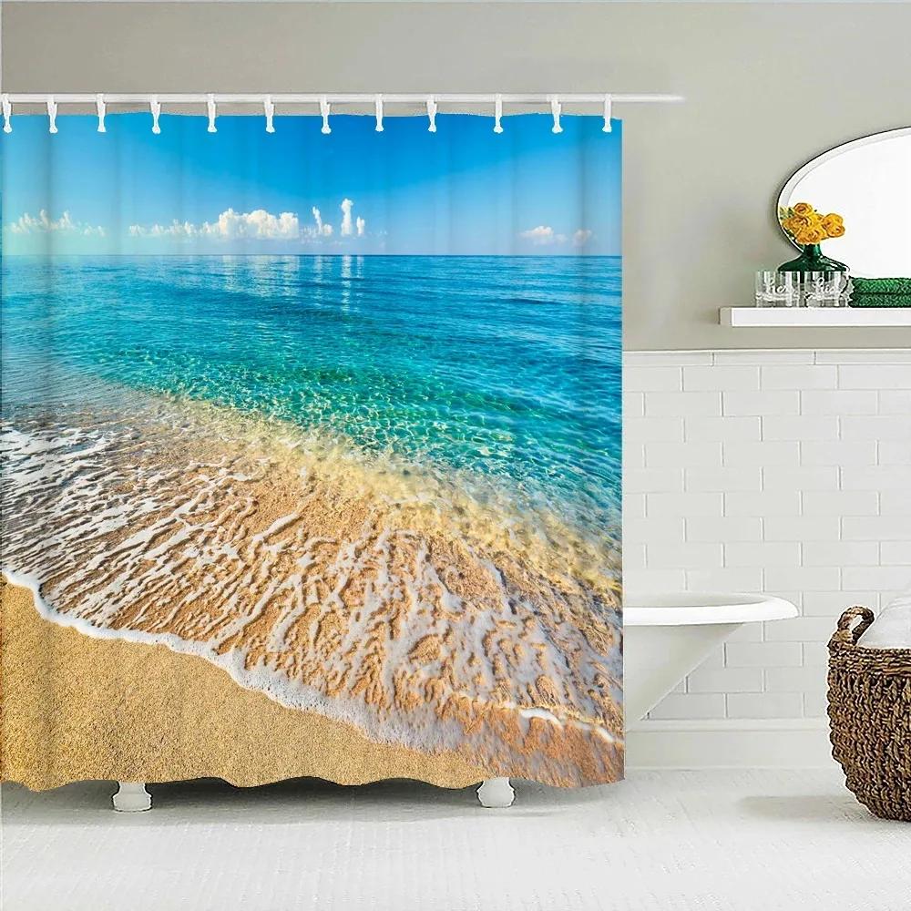 Sunny Beach Seaside Scenery 3D Printing Shower Curtain Large Size Waterproof Polyester Home Decor Curtain With Hooks