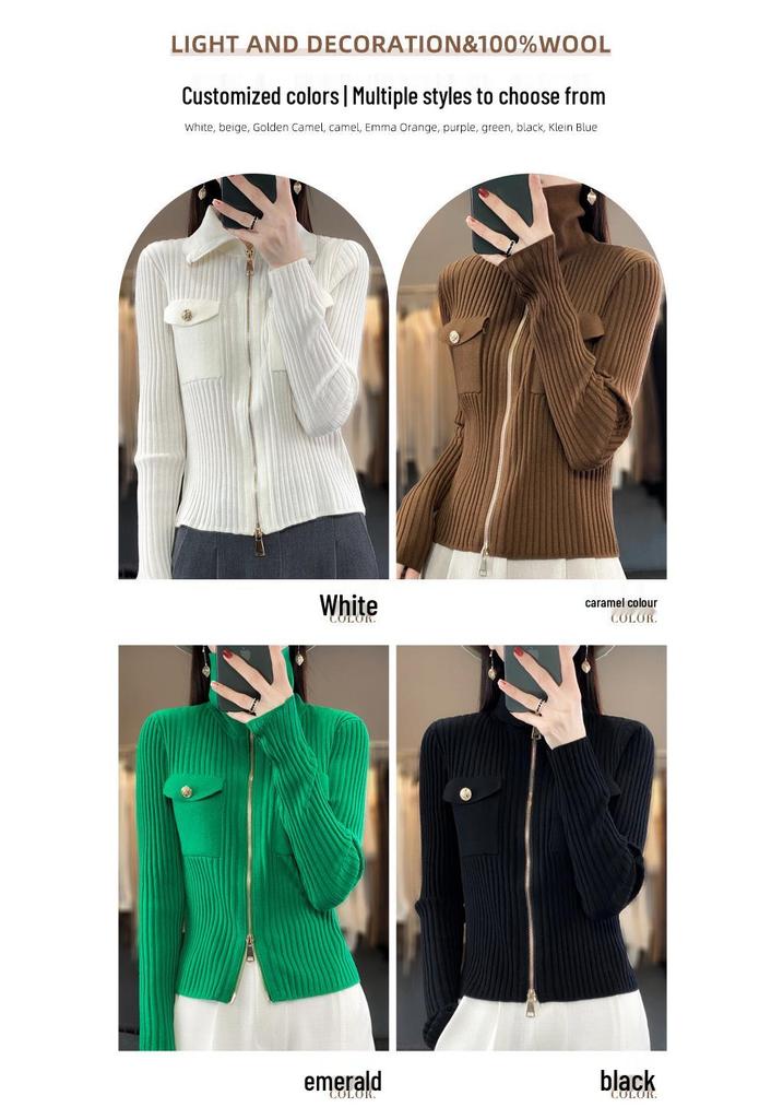 Women's Slim-Fit Stand Collar 100% Pure Wool Sweater - Autumn/Winter Knit Cardigan, Skin-Friendly Base Layer Outerwear