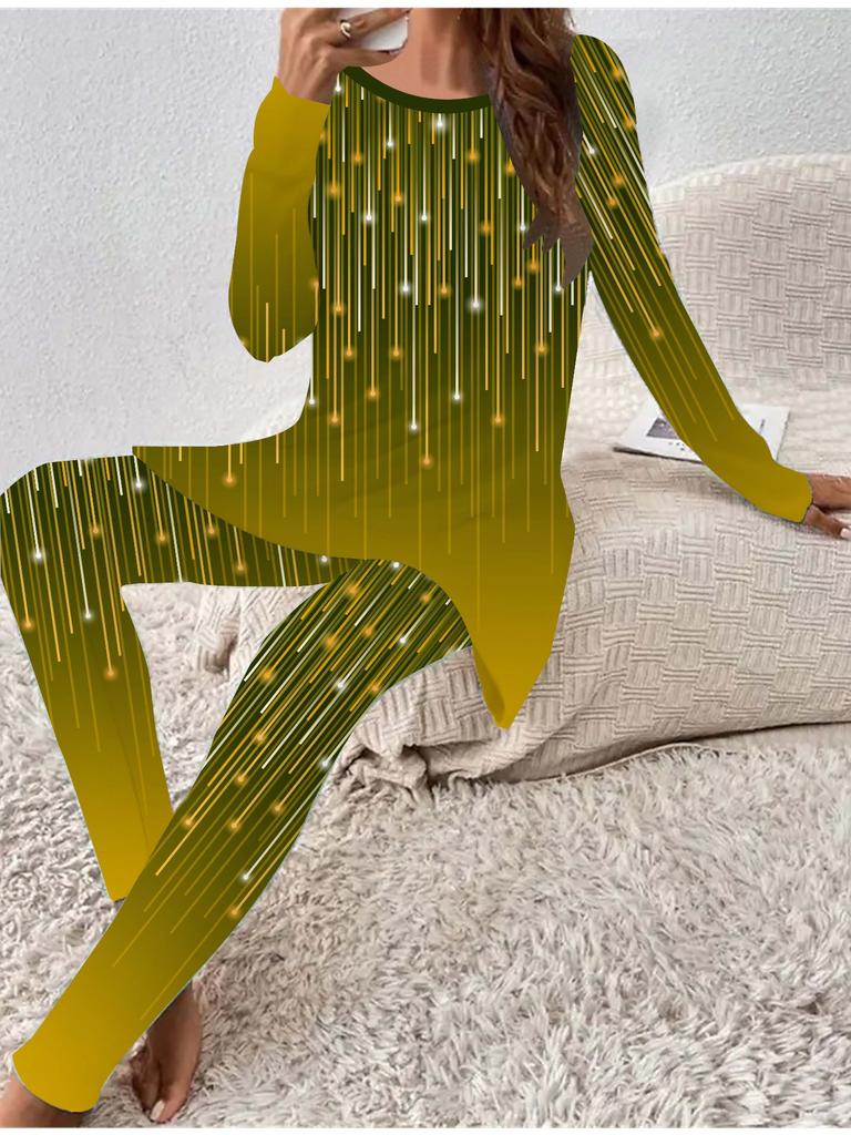 Euro-amerikanische Mode 3D Meteor-Druck Damen Vier-Jahreszeiten Langarm-T-Shirt + Lange Hose Zweiteiliges Set. Perfektes Geschenk für Neujahr & Weihnachten