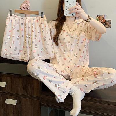 High-Value Cloud Cotton Short-Sleeved Pajamas Women'S Summer Loungewear Cute Girl Three-Piece Set