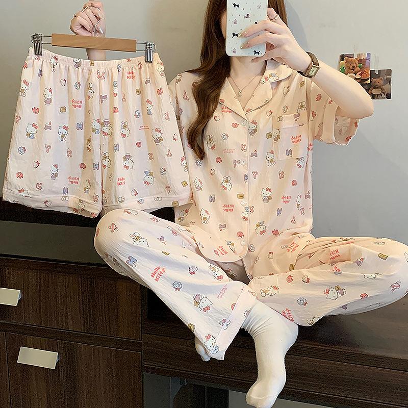 

Пижама с коротким рукавом из высококачественного облачного хлопка, женская летняя домашняя одежда, милый набор из трех предметов для девочки 2XL