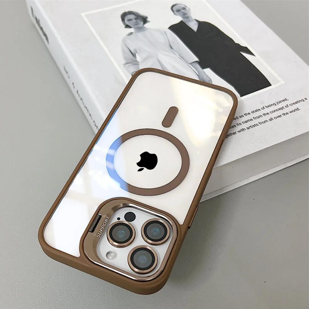 Luxury Magnetic Shockproof Phone Case For iPhone 16 15 14 13 12 11 Pro Max For Magsafe Funda Stand Glass Lens Protector Cover