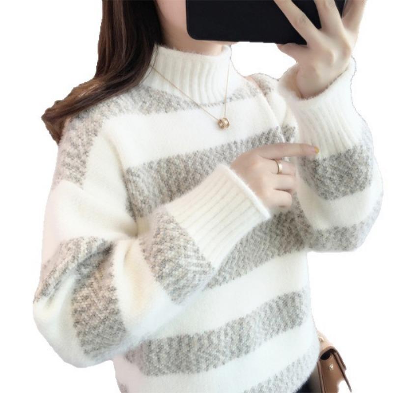 Turtleneck Striped Sweater Women's Autumn and Winter New Loose Outer Wear Casual Imitation Mink Velvet Knitted Sweater Tide