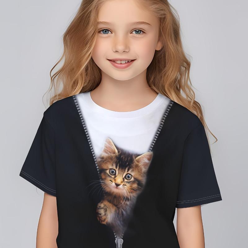 

Креативные футболки с графическим принтом «Мультяшный кот и медведь», удобная футболка с круглым вырезом и коротким рукавом, детская одежда, летние топы для девочек 140