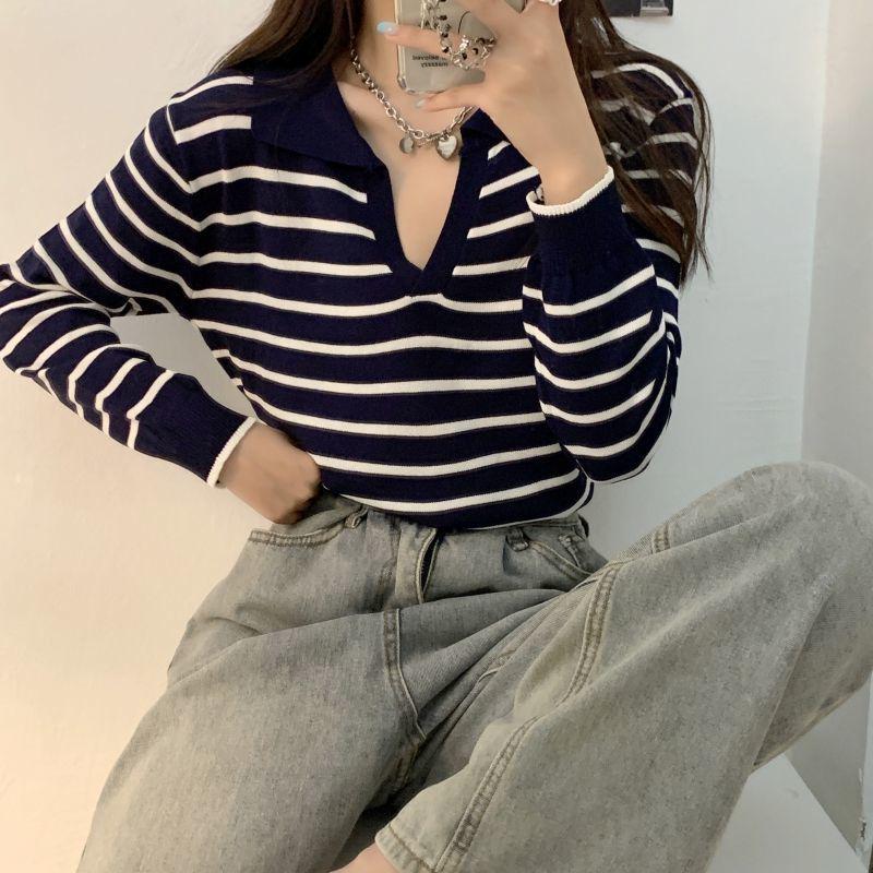 

Women s Striped Polo Collar Knit Sweater - Slim Fit Spring/Autumn Fashion S (suggested 75-90 jin) синий