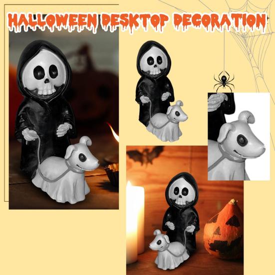 Halloween Ornament Skull Grim Reaper Walking Dog Figurine Decorative Skeleton Statue Courtyard Balcony Garden Sculpture