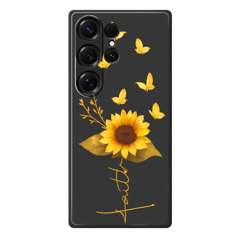 

For Samsung Galaxy S25 Ultra Case Golden Butterfly Sunflower Pattern Printing Straight Edge TPU Phone Back Cover Black