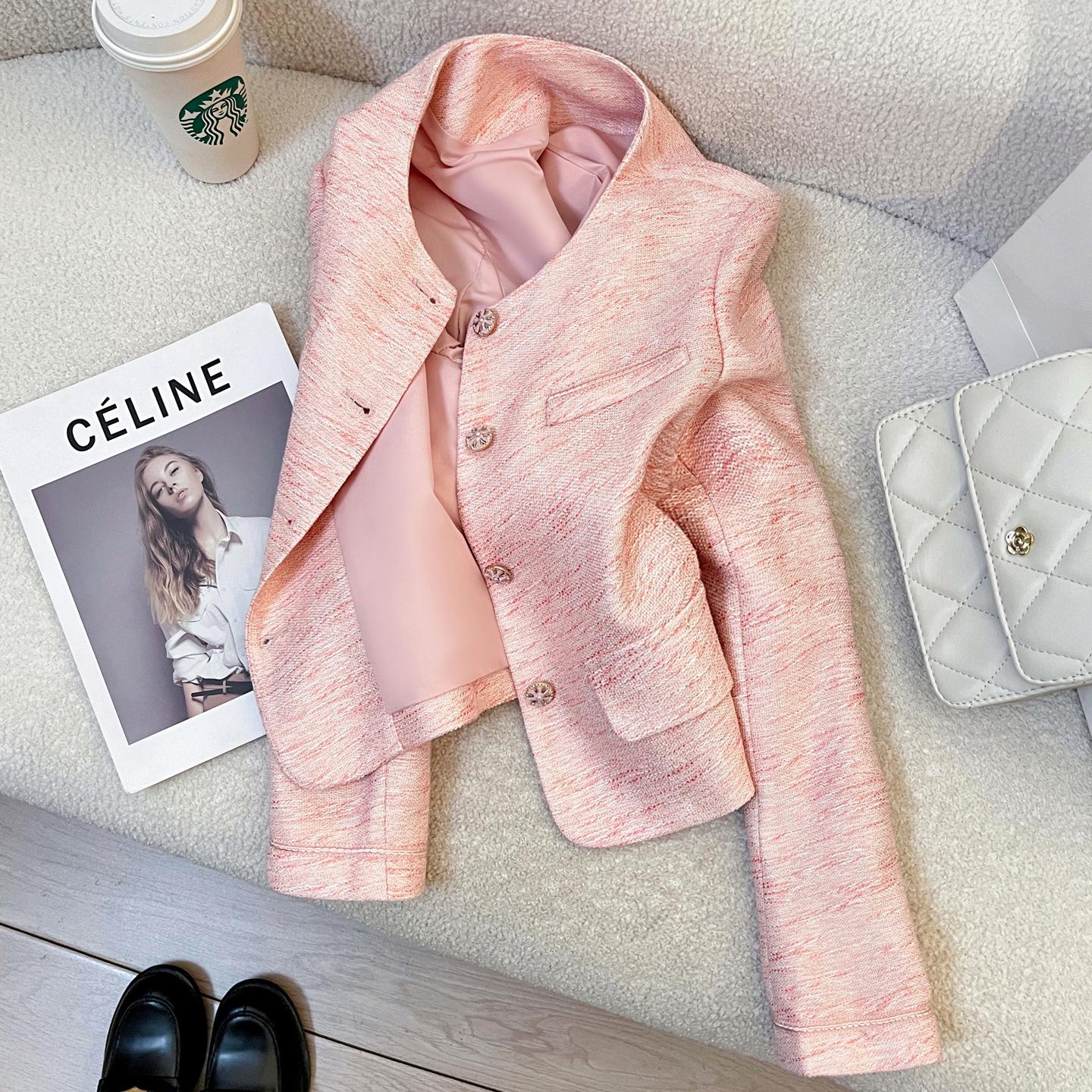 

French Pink Petite Suit Jacket - Spring/Autumn 2025 Fashionable Age-Defying Style L