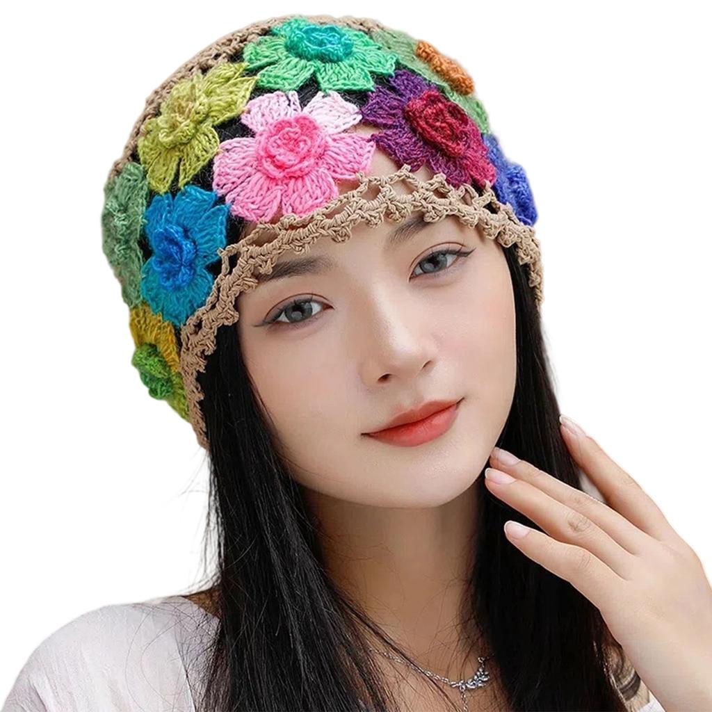 HollowOut Flower Cotton Beanie Hat Openwork Design Stretchy Skull Cap For Women Vacation Wear Photography Headpiece