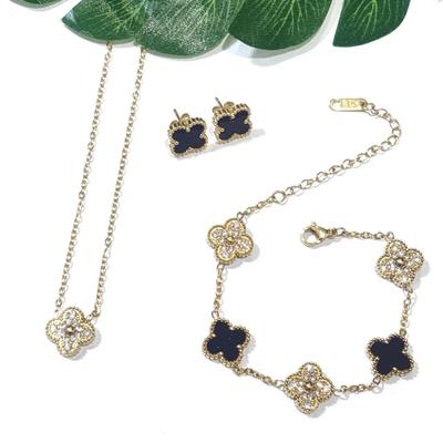 3PCS Diamond Studded Stainless Steel Clover Bracelet Five Flower Acrylic Lucky Clover Bracelet Necklace Earnail Set