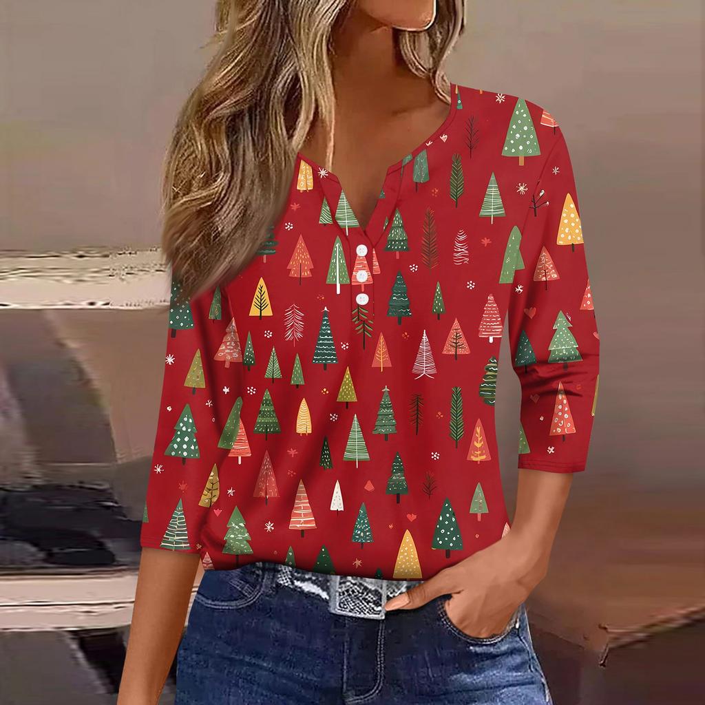 Camiseta de mujer con estampado navideño, botones, manga 3/4, para uso diario, fin de semana, básica, cuello en V, camiseta regular