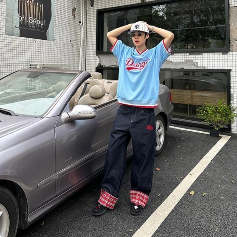 Blugi retro american în carouri Patchwork cu margine rulată pentru femei High Street Harajuku, vrac, cu picior larg, drept, pentru bărbați și femei