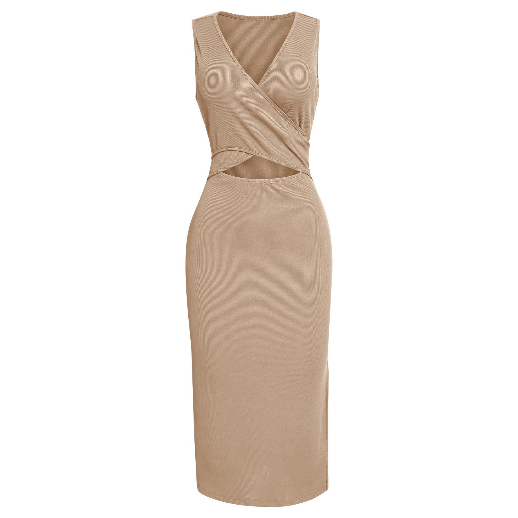 

Женское повседневное длинное платье на весну и лето, элегантное, милое, повседневное, однотонное, с разрезом и круглым вырезом, без рукавов, облегающее тонкое платье макси XL абрикосовый