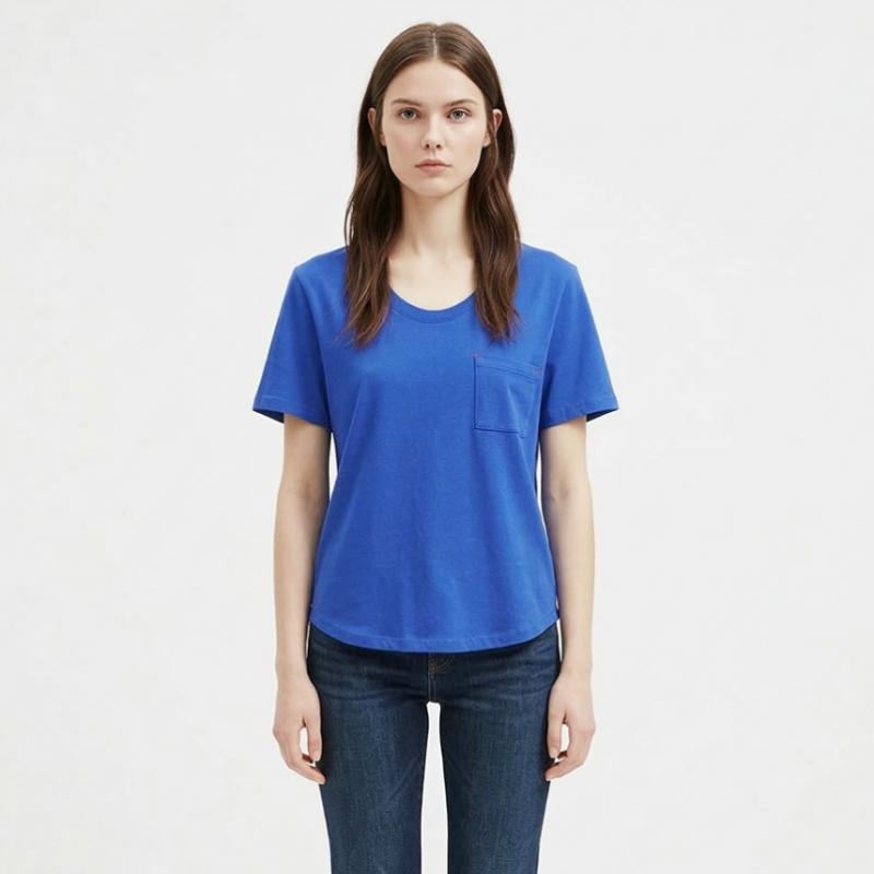 [Shop  ] DomeSTic Women S U Neck cheST PockeT ShorT Sleeve T ShirT Dai wSh 21147 Black
