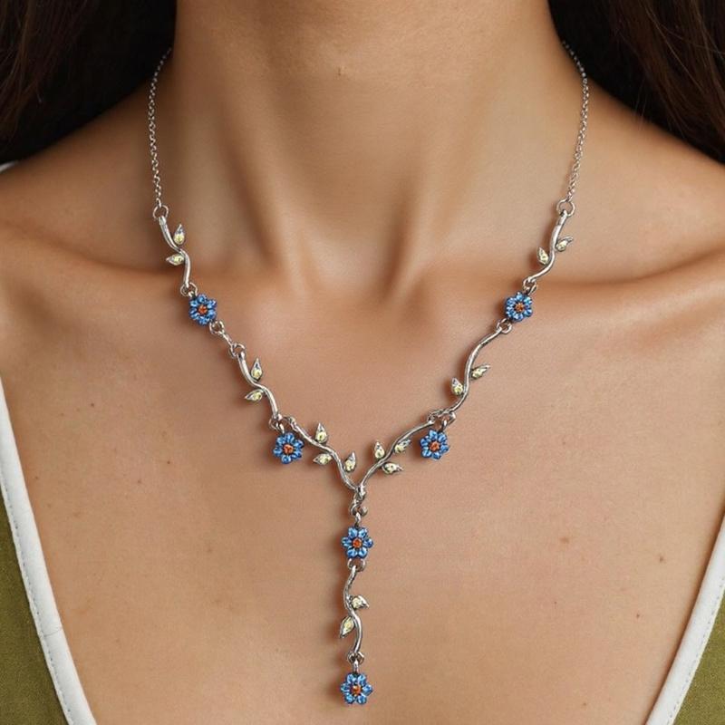 Adjustable Length Blue Plum Flower Necklace Comfortable Lightweight Neckchain Trendy Accessory for Casual Outfits
