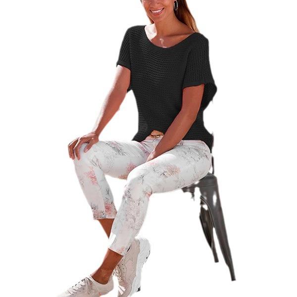 Fashion Casual Crew Neck Solid Color Knitted Sweater Loose Short Sleeve Women's Top