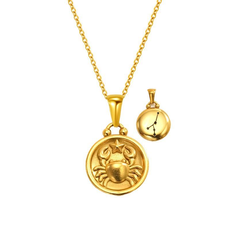 Gold Titanium Steel Round Double-Sided Wearing 12 Constellation Necklace Women'S Light Luxury Collarbone Chain Pendant