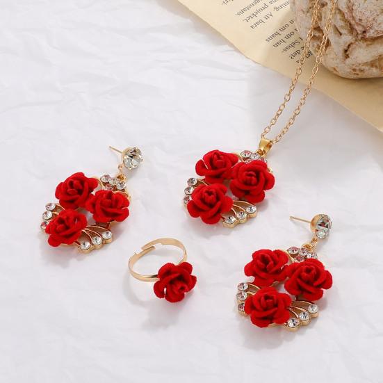 1 Set Red Rose Wedding Jewelry Brides Bridesmaids Vintage Necklace Earrings Open Ring Set Rose Rhinestone Jewelry Set Gift