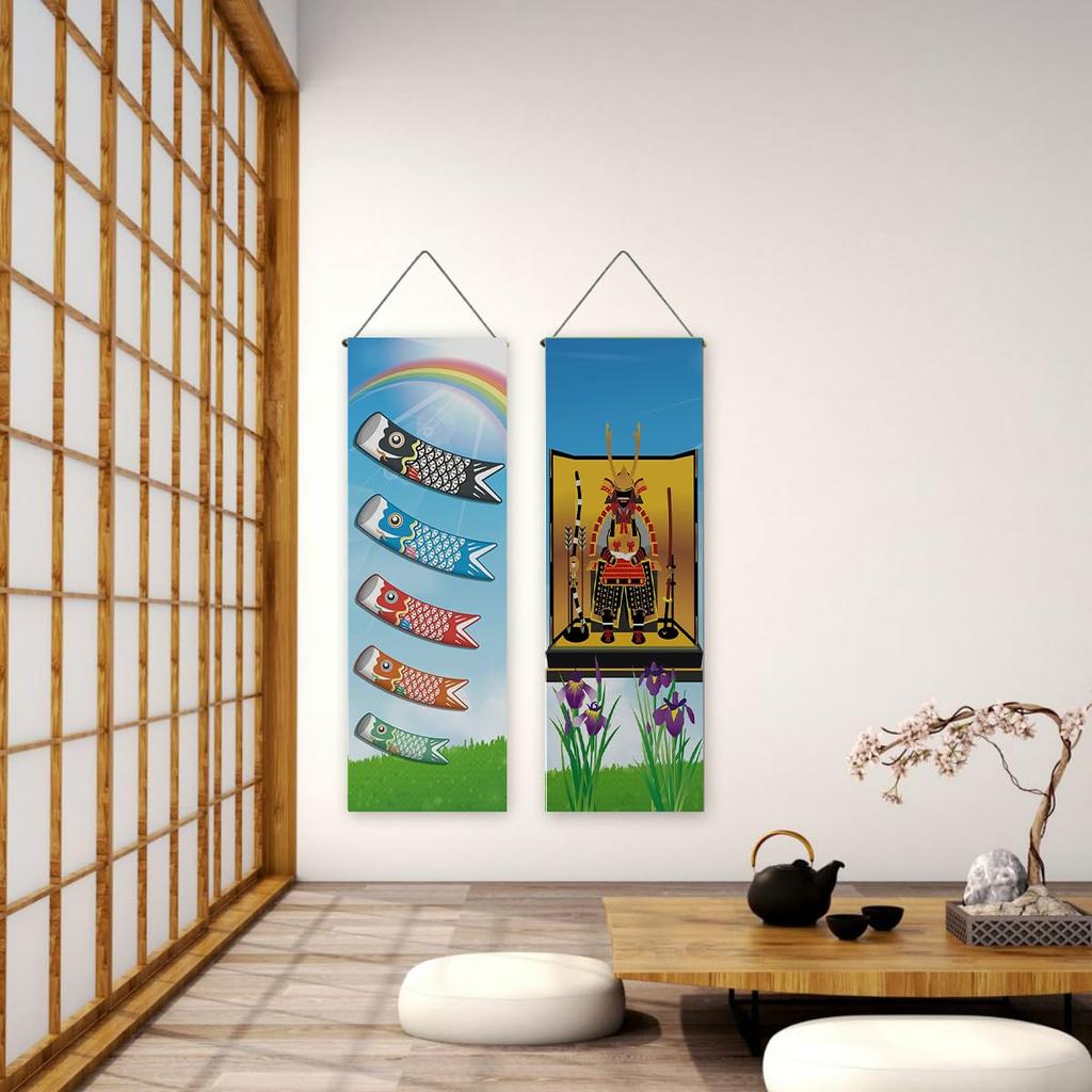 Set aus 2 Koi Nobori Hängende Schriftrolle Wandteppich Set für und Enthält auch Wand-Mini und Innengebrauch (Karpfenstreamer) Jungen-Tag, Kindertag, Jungen-Tag.