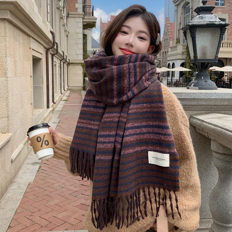 Women Winter Knitted Scarf Headscarf Lady Men Preppy Retro Striped Print Tassel Scarve Male Foulard Wrap Shawl Casual Korean New