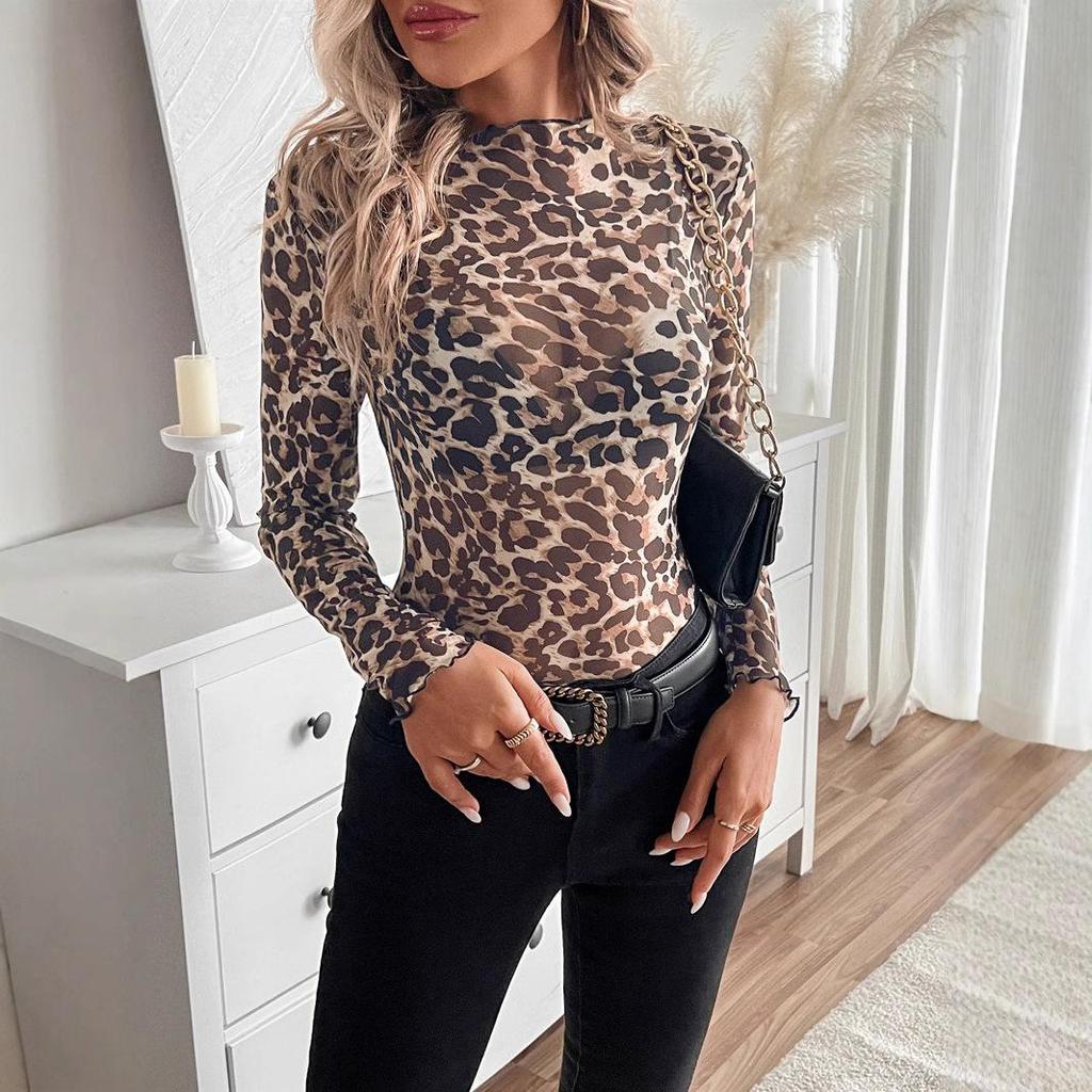 Dámské Sexy Leopardí Síťované Legíny s Houbovým Lemem a Tričko Top