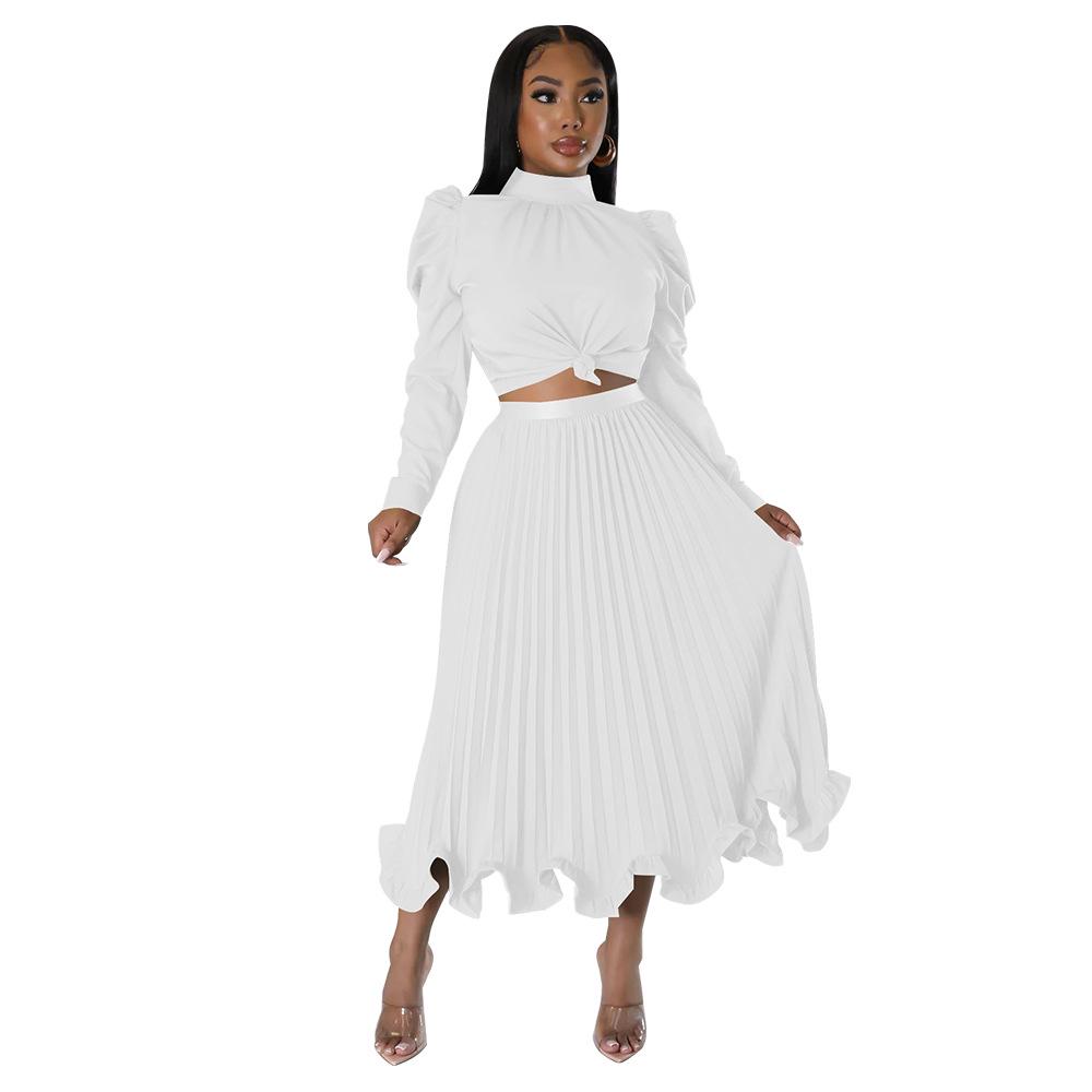Autumn European & American Puff Sleeve Top with Ruffled Pleated Skirt Set.