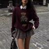 Winter Women's Sweater Clothing Bear Embroidery Round Neck Slim Fit Sweater Cartoon College Style Knitted Oversized Y2k