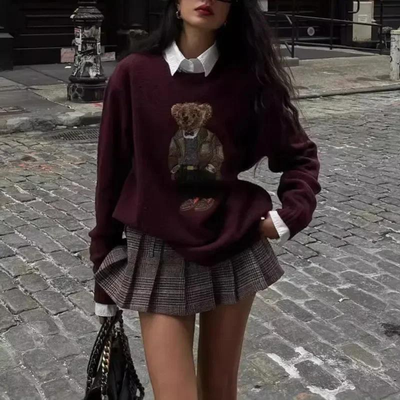 Winter Women's Sweater Clothing Bear Embroidery Round Neck Slim Fit Sweater Cartoon College Style Knitted Oversized Y2k