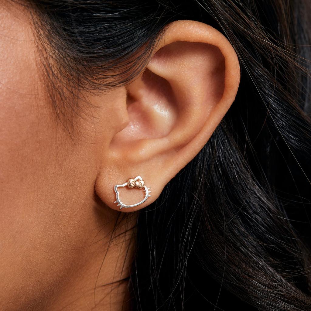 Hello Kitty Stud Sanrio Silver Plated Crystal Earrings for Officially Licensed Hello Kitty Rose Gold No Gems Earrings, Women, Jewelry., Silver,