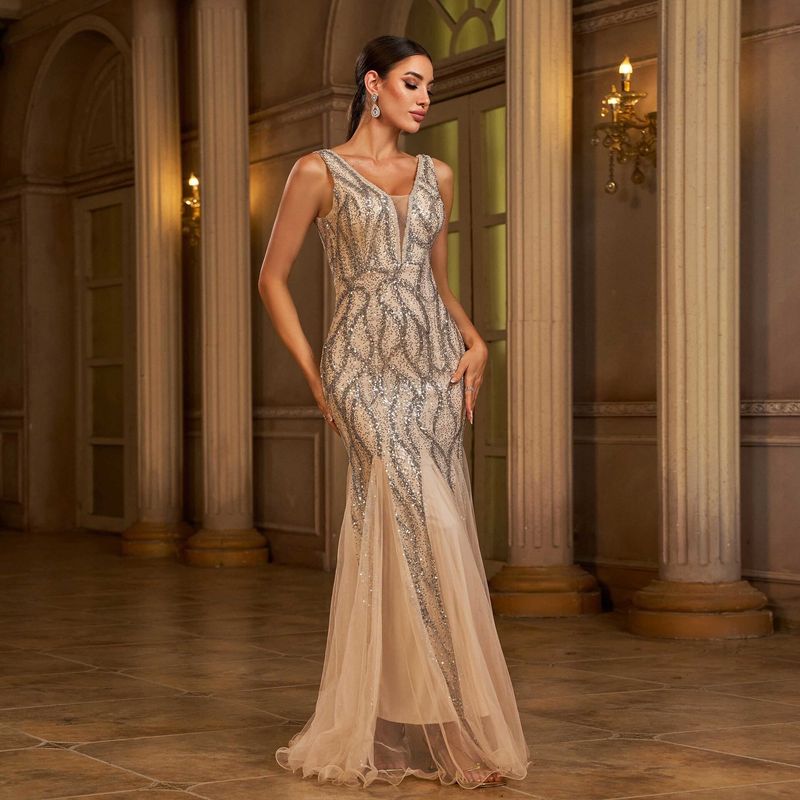 

New Style Champagne-Colored Evening Dress for Women, Summer Banquet, Noble and Elegant, High-End Long Dress Apricot color S