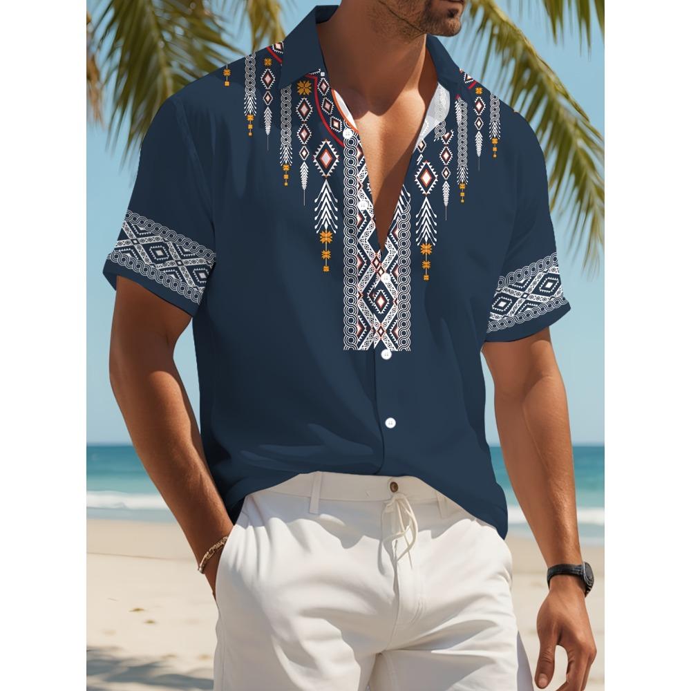 

Men s Tribal Print Hawaiian Shirt Short Sleeve Button Down Casual Beach Top S