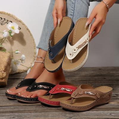 2025 Summer New Toe Sandals Women's Round Head Hollow Metal Buckle Heel Wear Solid Color Beach Flip-flops
