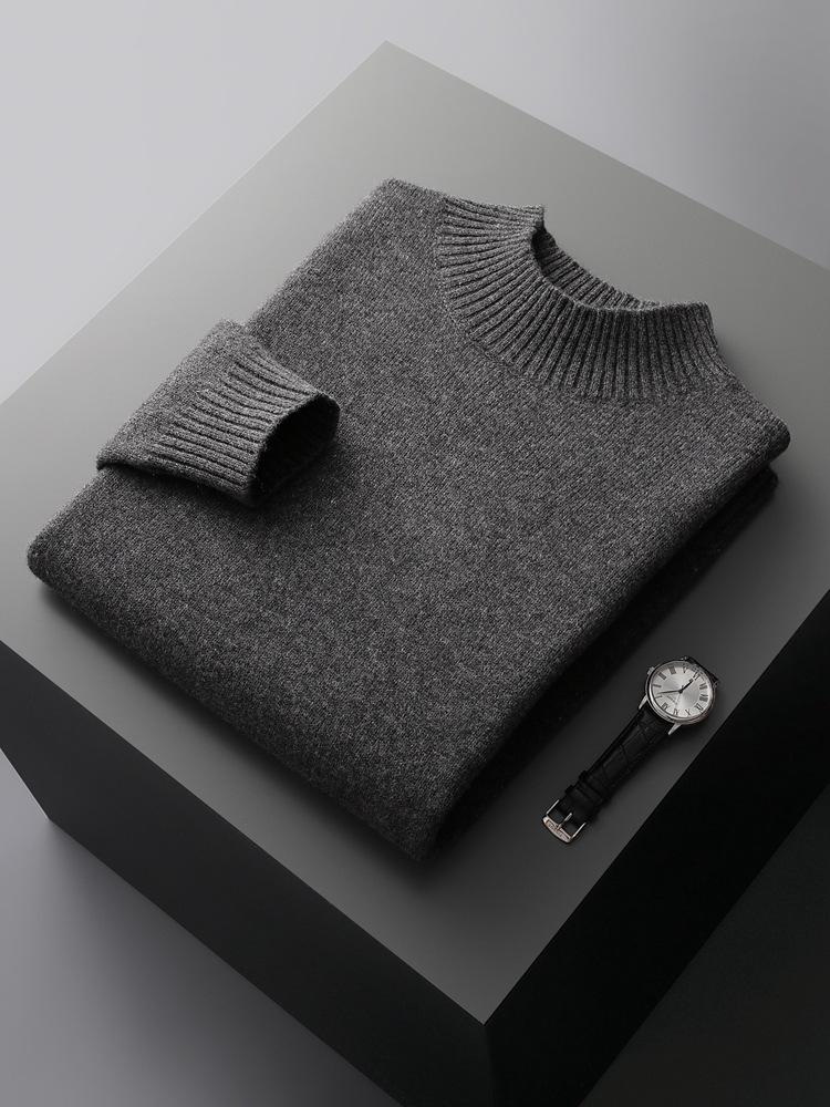 100% Pure Wool Men's Thick Half-High Collar Sweater, Business Fashion Knit Plus Size Sweater.