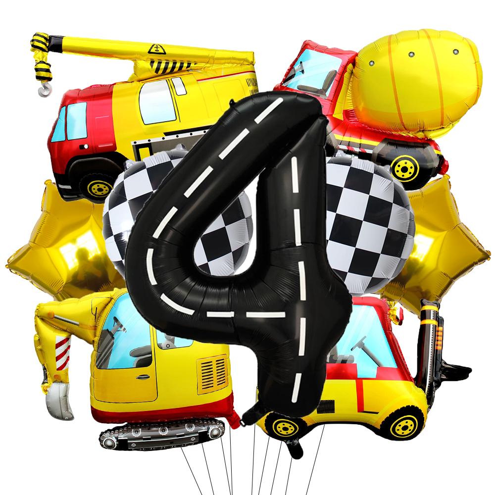 9 Pcs 1set Engineering Theme Foil Balloons With 40Inch Number Birthday Party Ballon Construction Vehicle Tractor Car Balloons