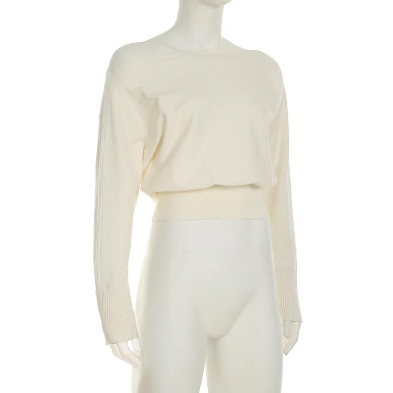 Francouzský Elegantní Jednobarevný Svetr Bez Ramínek Volný Šikmý Výstřih Dlouhý Rukáv Pletené Pulovry Dámské Podzim Zima Móda Ležérní Dámský