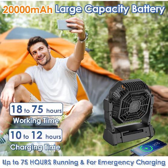 Battery Operated Fan, 20000mAh Rechargeable Camping Fan for Tent with LED Lantern - 3 Colors, 4 Speeds, 4 Timing, Adjustable Head with Hook, Portable